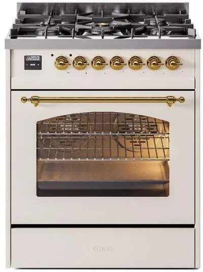 ILVE Nostalgie II 30-Inch Dual Fuel Range with 5 Burners, Antique White Brass Trim