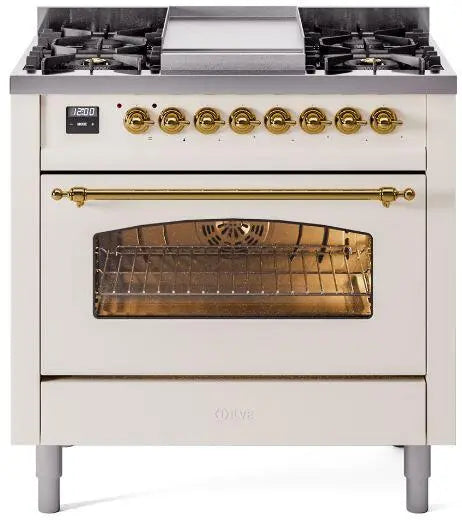 ILVE Nostalgie II 36-Inch Dual Fuel Range with 6 Burners and Griddle, Antique White Brass Trim