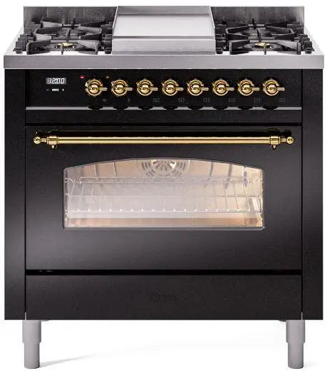 ILVE Nostalgie II 36-Inch Dual Fuel Range with 6 Burners and Griddle, Glossy Black Brass Trim
