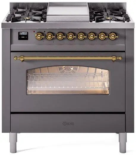 ILVE Nostalgie II 36-Inch Dual Fuel Range with 6 Burners and Griddle, Graphite Matte Brass Trim