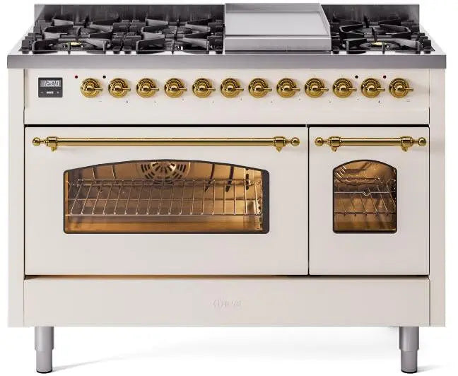 ILVE Nostalgie II 48-Inch Dual Fuel Range with 8 Burners and Griddle, Antique White Brass Trim