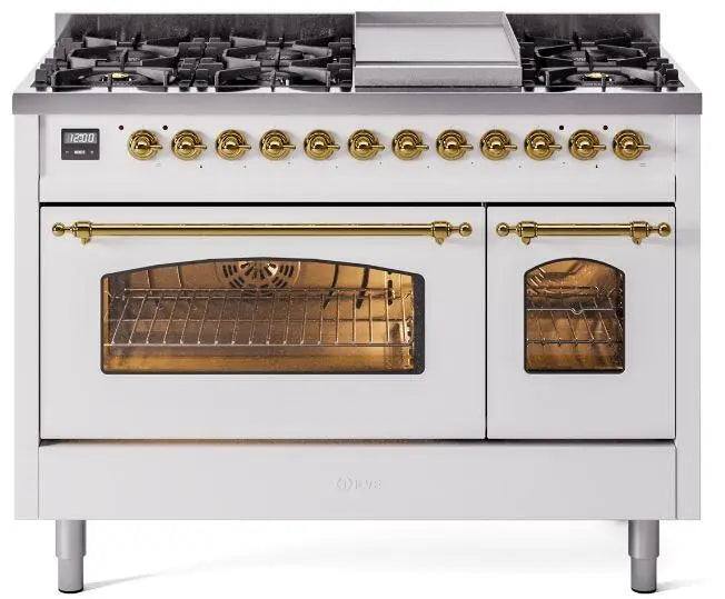 ILVE Nostalgie II 48-Inch Dual Fuel Range with 8 Burners and Griddle, White Brass Trim
