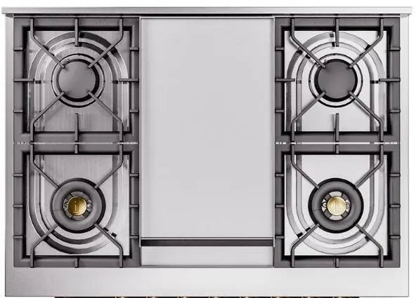 ILVE Nostalgie II 36-Inch Dual Fuel Range with 6 Burners and Griddle, Glossy Black Brass Trim