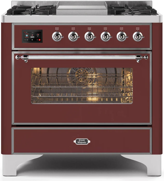 Ilve UM09FDNS3BUC Majestic II 36-Inch Freestanding Dual Fuel Range – 6 Brass Burners, Griddle, Convection Oven, Burgundy with Chrome Trim
