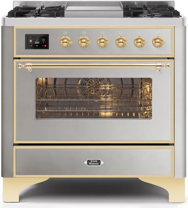 Ilve Majestic II 36" Dual Fuel Range UM09FDNS3SSG Stainless Steel with Brass Trim, 6 Burners & Griddle