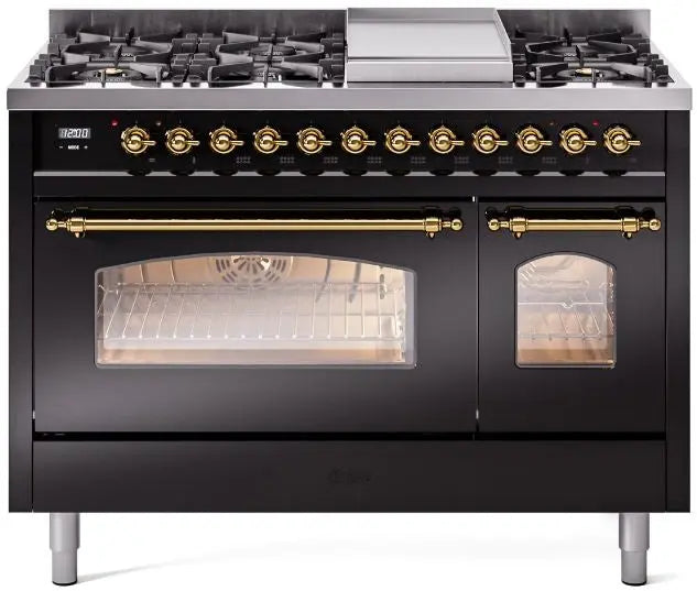 ILVE Nostalgie II 48-Inch Dual Fuel Range with 8 Burners and Griddle, Glossy Black Brass Trim LP