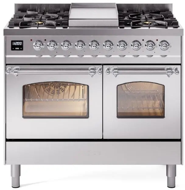 ILVE Nostalgie II 40-Inch Dual Fuel Range with Double Ovens, 6 Burners and Griddle, Stainless Steel Chrome Trim LP