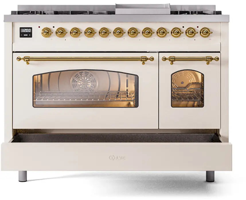 ILVE Nostalgie II 48-Inch Dual Fuel Range with 8 Burners and Griddle, Antique White Brass Trim