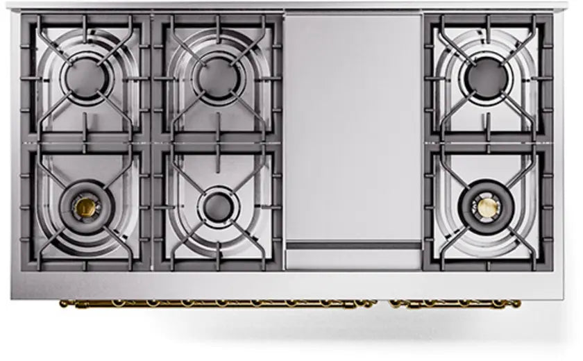 ILVE Nostalgie II 48-Inch Dual Fuel Range with 8 Burners and Griddle, Antique White Brass Trim