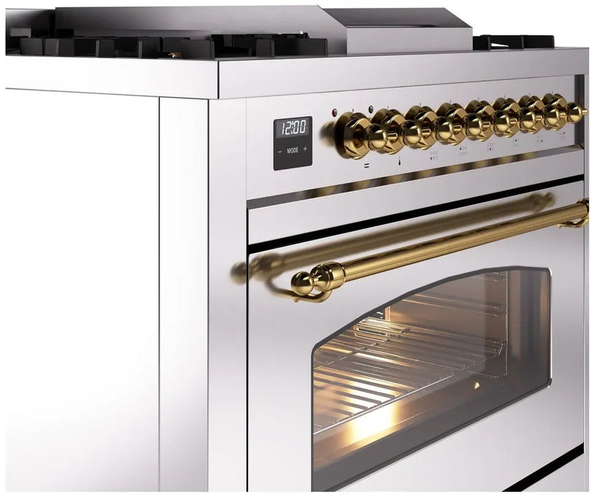 ILVE Nostalgie II 36-Inch Dual Fuel Range with 6 Burners and Griddle, Stainless Steel Brass Trim