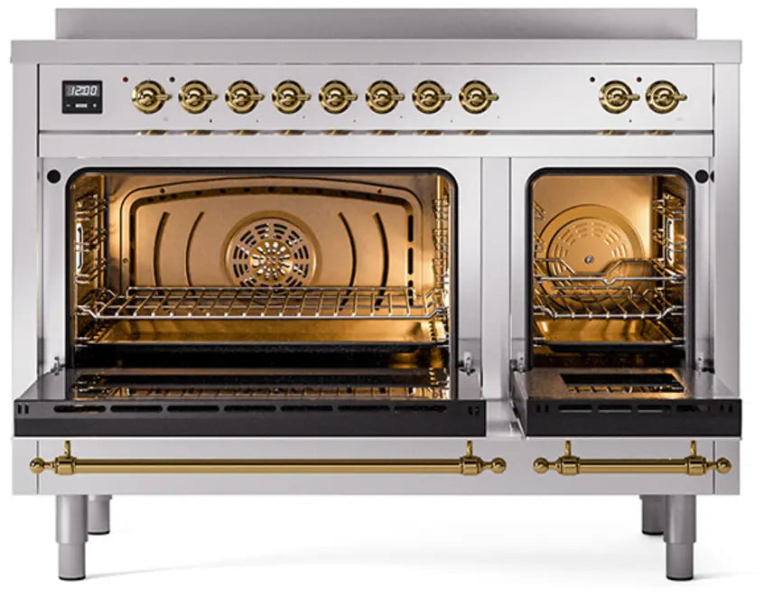 ILVE Nostalgie II 48-Inch Induction Range with 6 Elements and Double Ovens, Stainless Steel Brass Trim