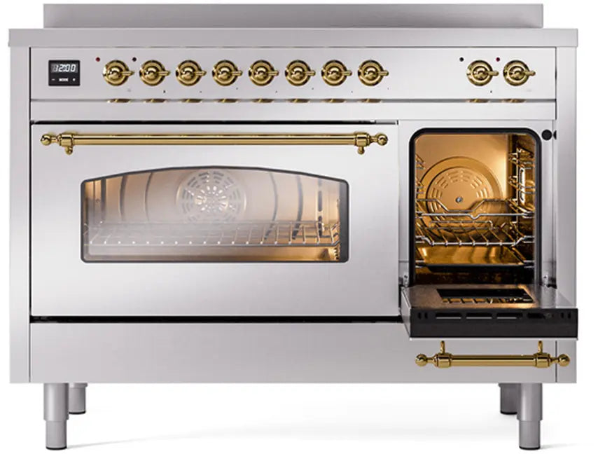 ILVE Nostalgie II 48-Inch Induction Range with 6 Elements and Double Ovens, Stainless Steel Brass Trim
