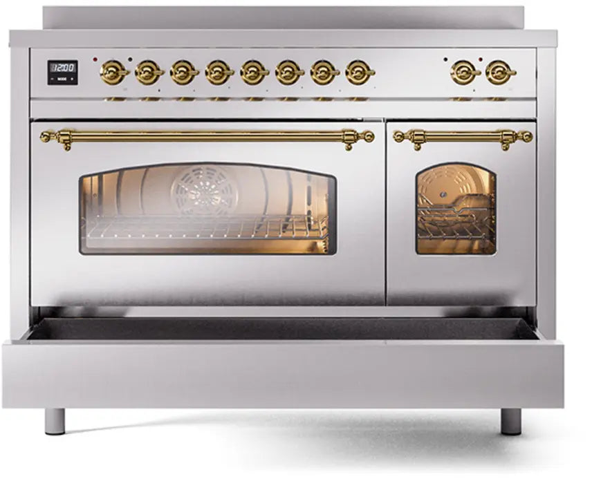 ILVE Nostalgie II 48-Inch Induction Range with 6 Elements and Double Ovens, Stainless Steel Brass Trim