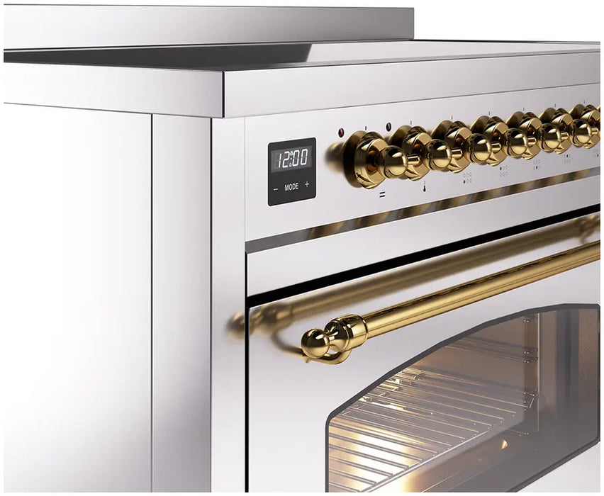 ILVE Nostalgie II 48-Inch Induction Range with 6 Elements and Double Ovens, Stainless Steel Brass Trim