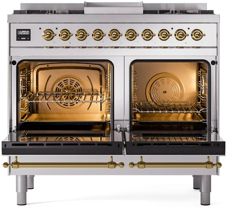 ILVE Nostalgie II 40-Inch Dual Fuel Range with 6 Burners and Griddle, Stainless Steel Brass Trim