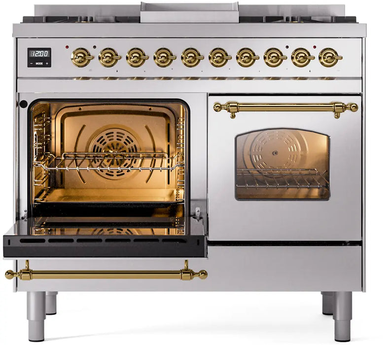 ILVE Nostalgie II 40-Inch Dual Fuel Range with 6 Burners and Griddle, Stainless Steel Brass Trim
