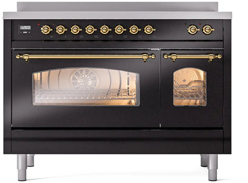 ILVE Nostalgie II 48-Inch Induction Range with 6 Elements and Double Ovens, Glossy Black Brass Trim