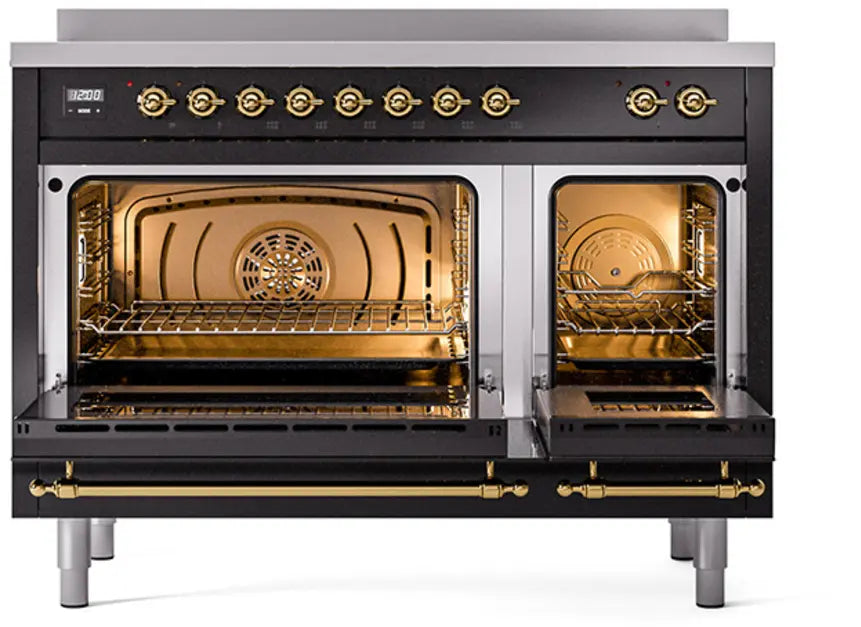 ILVE Nostalgie II 48-Inch Induction Range with 6 Elements and Double Ovens, Glossy Black Brass Trim