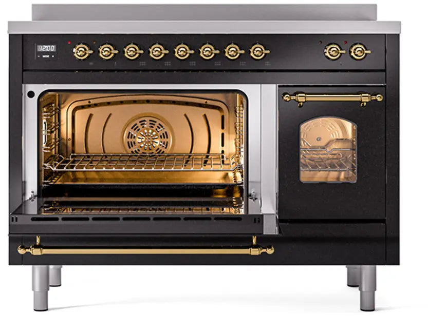 ILVE Nostalgie II 48-Inch Induction Range with 6 Elements and Double Ovens, Glossy Black Brass Trim
