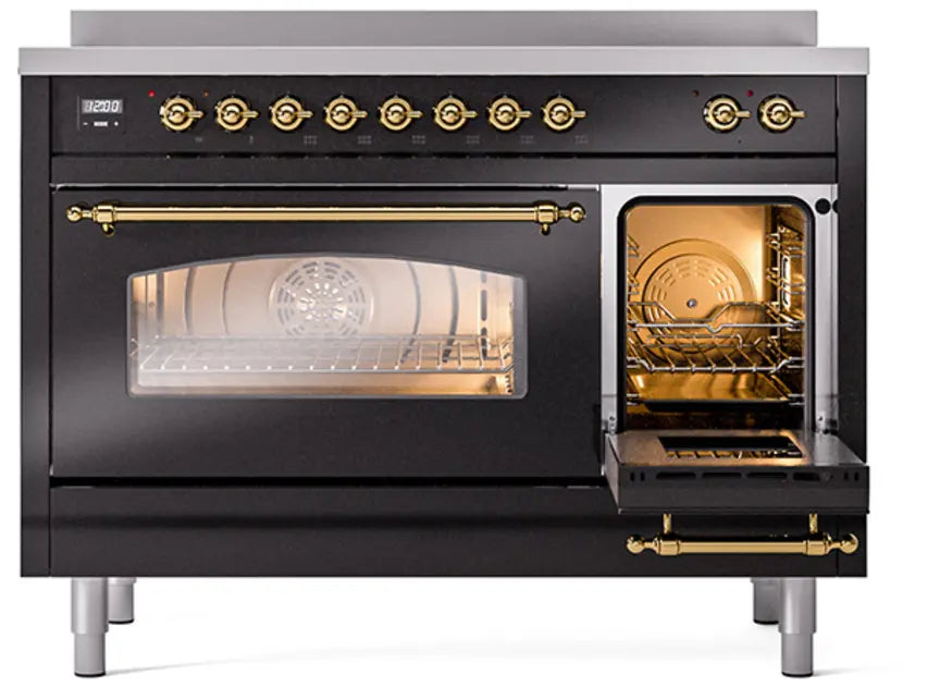 ILVE Nostalgie II 48-Inch Induction Range with 6 Elements and Double Ovens, Glossy Black Brass Trim