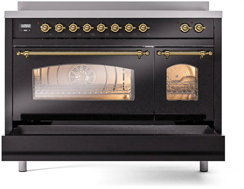 ILVE Nostalgie II 48-Inch Induction Range with 6 Elements and Double Ovens, Glossy Black Brass Trim