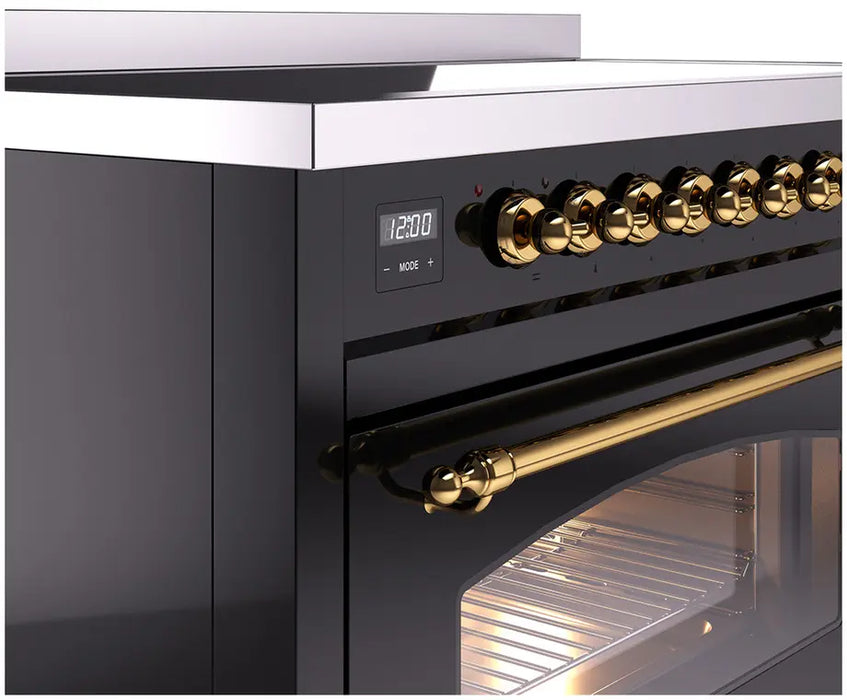 ILVE Nostalgie II 48-Inch Induction Range with 6 Elements and Double Ovens, Glossy Black Brass Trim