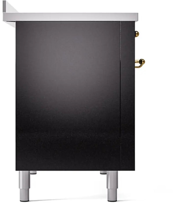 ILVE Nostalgie II 48-Inch Induction Range with 6 Elements and Double Ovens, Glossy Black Brass Trim