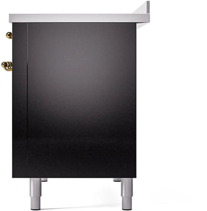 ILVE Nostalgie II 48-Inch Induction Range with 6 Elements and Double Ovens, Glossy Black Brass Trim