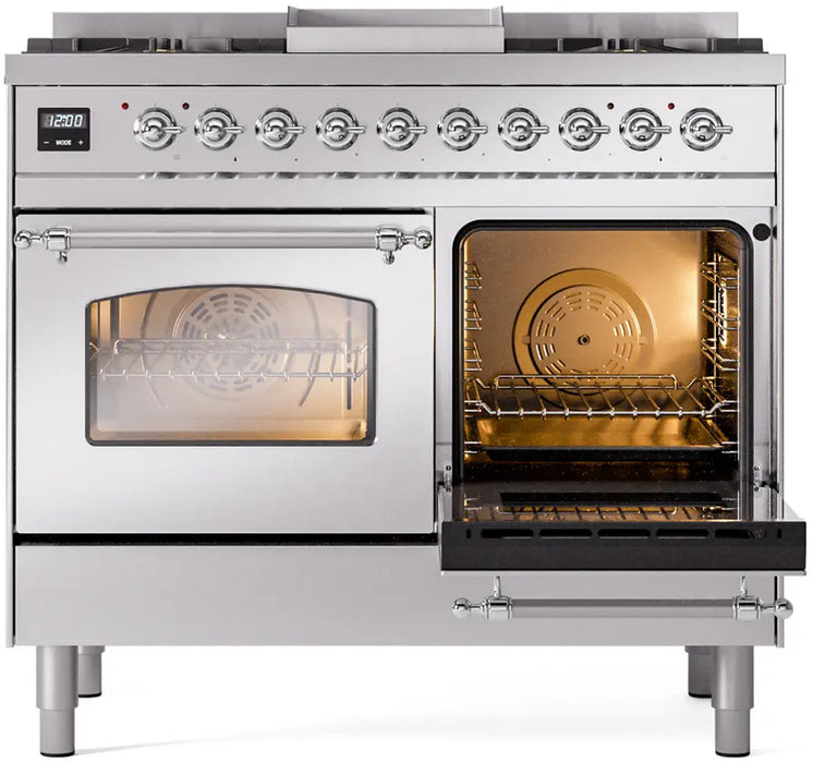 ILVE Nostalgie II 40-Inch Dual Fuel Range with Double Ovens, 6 Burners and Griddle, Stainless Steel Chrome Trim