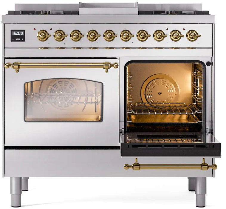 ILVE Nostalgie II 40-Inch Dual Fuel Range with 6 Burners and Griddle, Stainless Steel Brass Trim