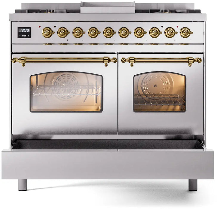 ILVE Nostalgie II 40-Inch Dual Fuel Range with 6 Burners and Griddle, Stainless Steel Brass Trim