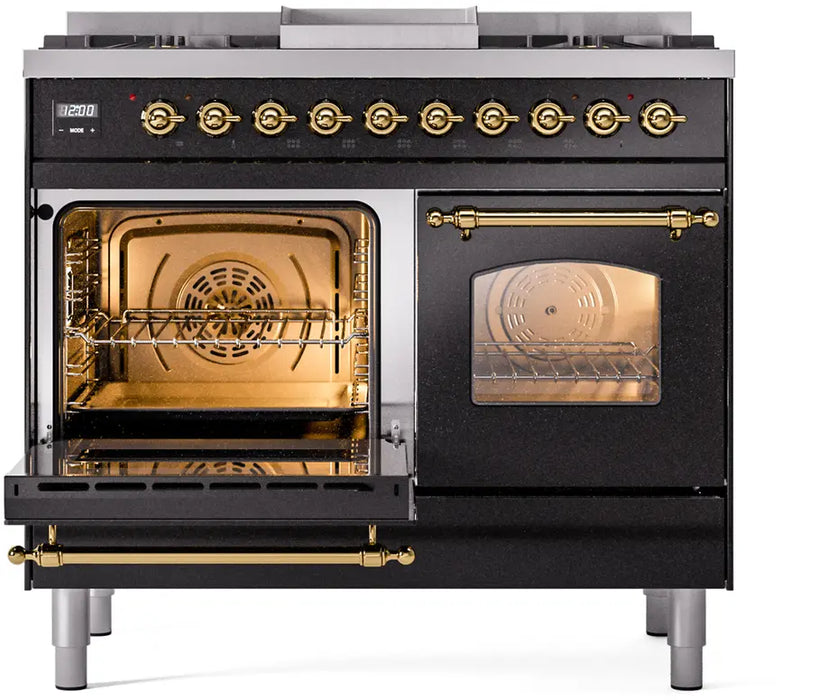 ILVE Nostalgie II 40-Inch Dual Fuel Range with Double Ovens, 6 Burners and Griddle, Glossy Black Brass Trim