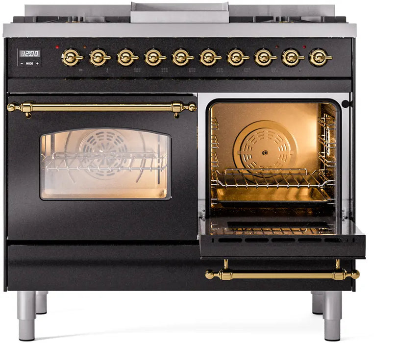 ILVE Nostalgie II 40-Inch Dual Fuel Range with Double Ovens, 6 Burners and Griddle, Glossy Black Brass Trim