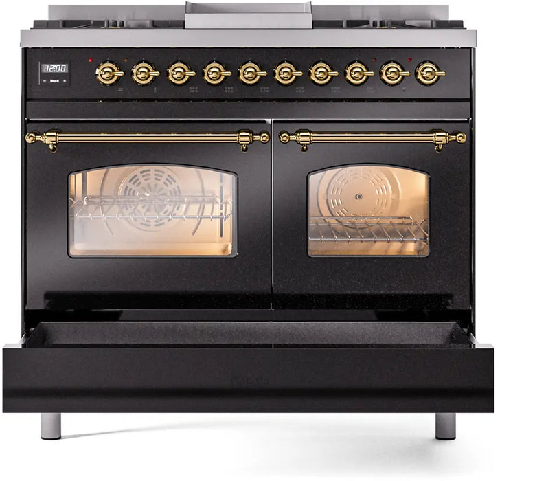 ILVE Nostalgie II 40-Inch Dual Fuel Range with Double Ovens, 6 Burners and Griddle, Glossy Black Brass Trim