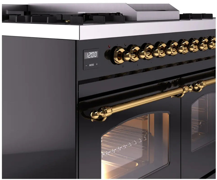 ILVE Nostalgie II 40-Inch Dual Fuel Range with Double Ovens, 6 Burners and Griddle, Glossy Black Brass Trim