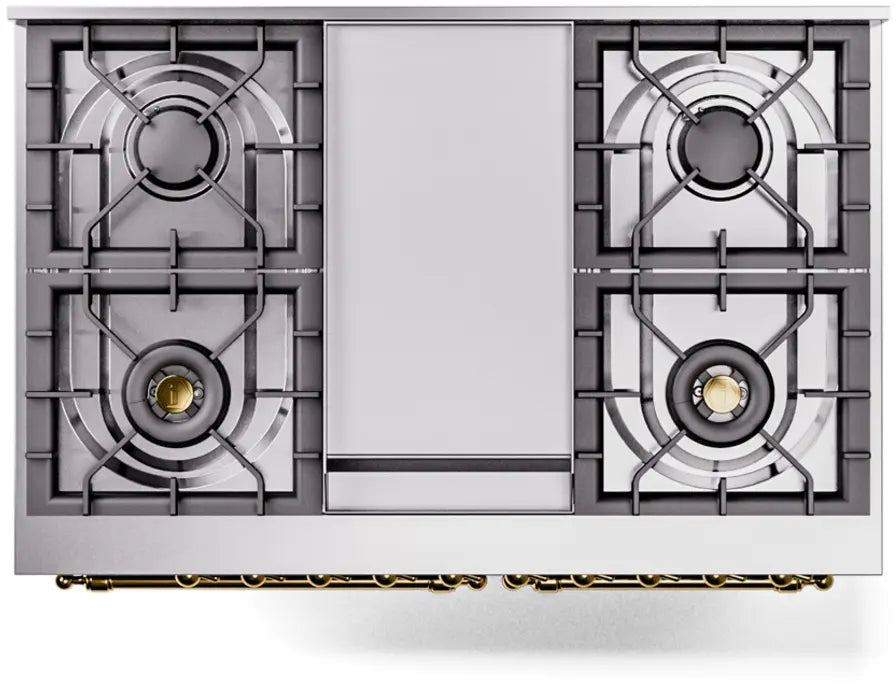 ILVE Nostalgie II 40-Inch Dual Fuel Range with Double Ovens, 6 Burners and Griddle, Glossy Black Brass Trim