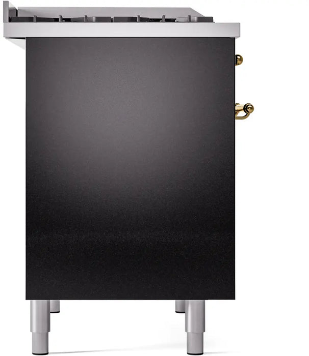 ILVE Nostalgie II 40-Inch Dual Fuel Range with Double Ovens, 6 Burners and Griddle, Glossy Black Brass Trim
