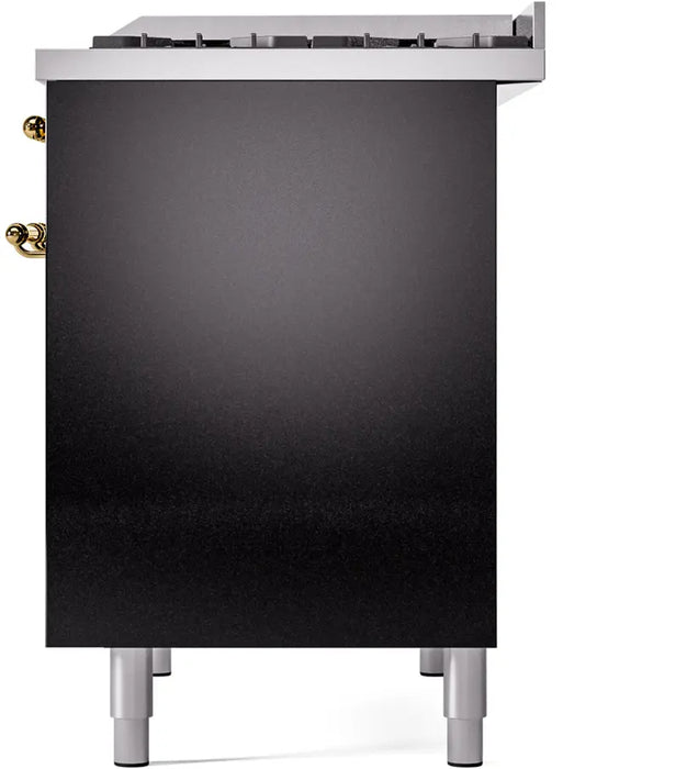 ILVE Nostalgie II 40-Inch Dual Fuel Range with Double Ovens, 6 Burners and Griddle, Glossy Black Brass Trim