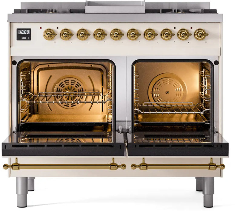 ILVE Nostalgie II 40-Inch Dual Fuel Range with Double Ovens, 6 Burners and Griddle, Antique White Brass Trim