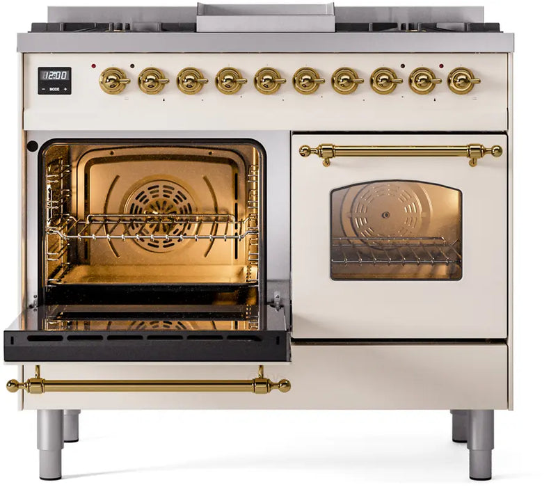 ILVE Nostalgie II 40-Inch Dual Fuel Range with Double Ovens, 6 Burners and Griddle, Antique White Brass Trim