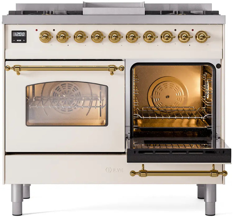 ILVE Nostalgie II 40-Inch Dual Fuel Range with Double Ovens, 6 Burners and Griddle, Antique White Brass Trim