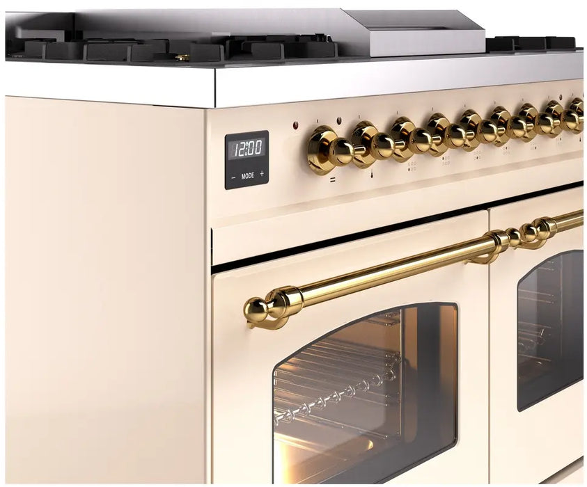 ILVE Nostalgie II 40-Inch Dual Fuel Range with Double Ovens, 6 Burners and Griddle, Antique White Brass Trim