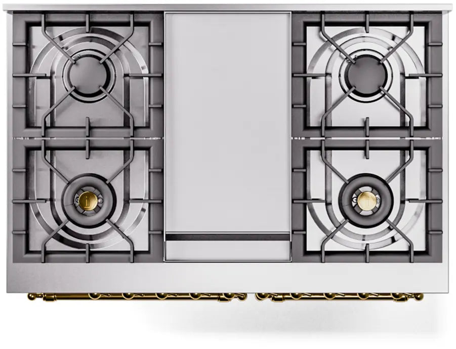 ILVE Nostalgie II 40-Inch Dual Fuel Range with Double Ovens, 6 Burners and Griddle, Antique White Brass Trim
