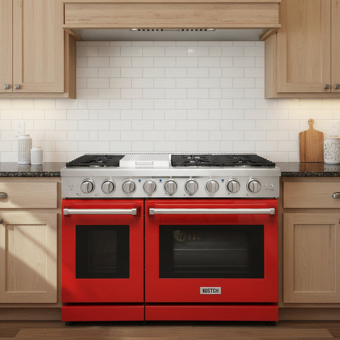 Kostch KOS-48RG03M-R 48" Freestanding Gas Range with 6 Burners, Convection Oven – Red, LP Convertible