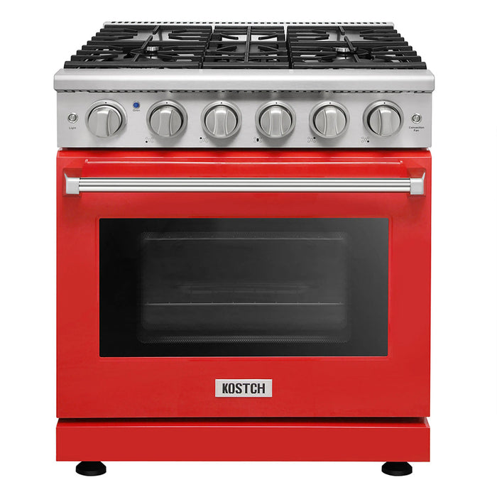 Kostch KOS-30RG03M-R 30" Freestanding Gas Range with 5 Burners, 4.55 cu. ft. Convection Oven – Red, LP Convertible