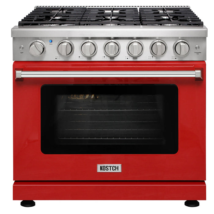Kostch KOS-36RG03M-R 36" Freestanding Gas Range with 6 Burners, Convection Oven – Red, LP Convertible