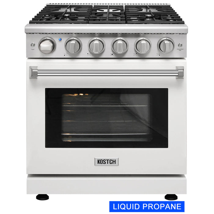 Kostch KOS-30RG03MLP-W 30" Freestanding LP Gas Range with 5 Burners, Convection Oven – White