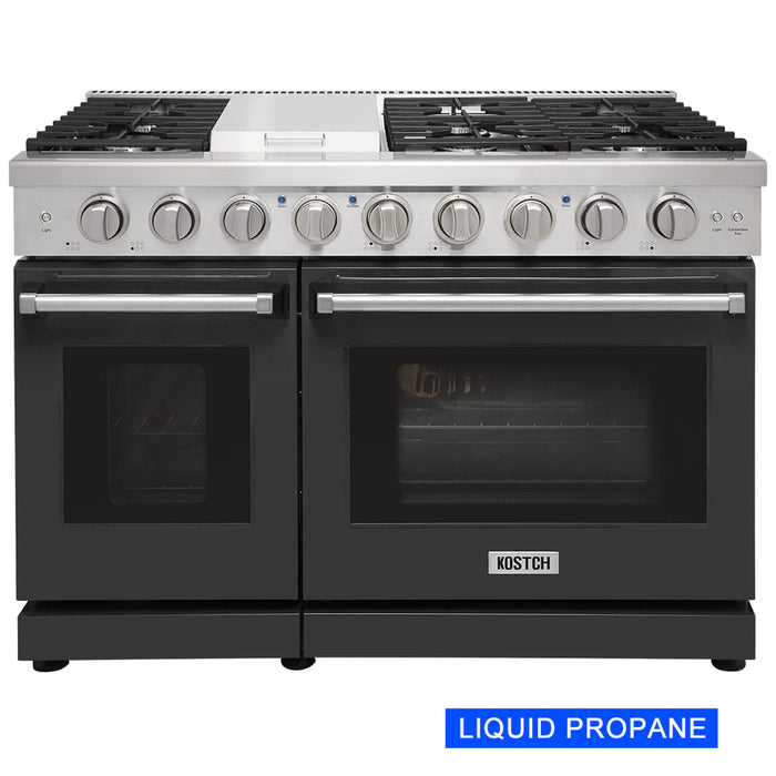 Kostch KOS-48RG03MLP-B 48" Freestanding LP Gas Range with 6 Burners, Convection Oven – Black