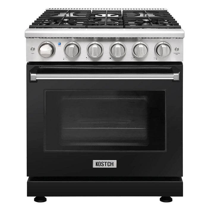 Kostch KOS-30RG03M-B 30" Freestanding Gas Range with 5 Burners, 4.55 cu. ft. Convection Oven – Black, LP Convertible