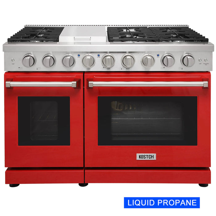 Kostch KOS-48RG03MLP-R 48" Freestanding LP Gas Range with 6 Burners, Convection Oven – Red